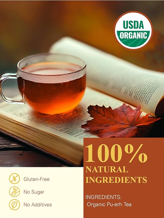 GLDNT Organic Pu-erh Tea Yunnan Ripe Pu'erh Tea Loose Leaf Fermented Dark Tea Bold &amp Smooth Flavor Caffeinated 16oz (Pack of 2)