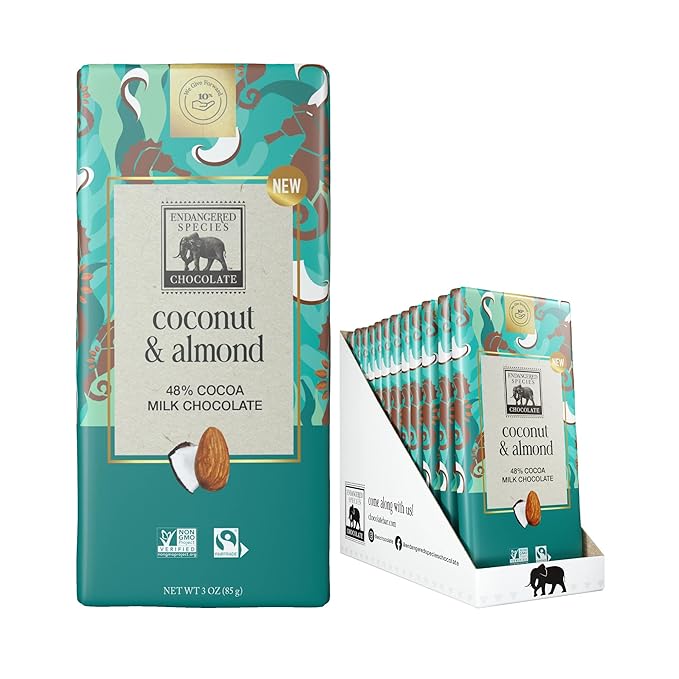 Endangered Species 48% Cocoa Coconut &amp Almonds Milk Chocolate Bar Non GMO 3 Ounces (Pack Of 12)