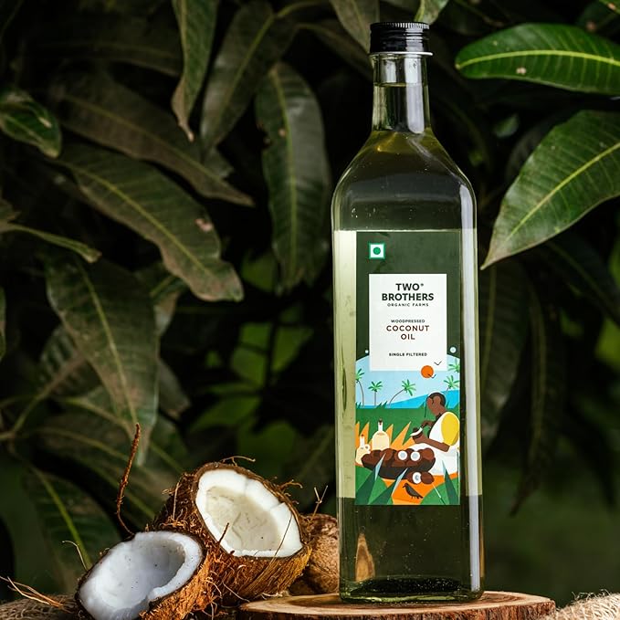 Two Brothers Organic Farms Wood Pressed Coconut Oil Kacchi Ghani/Mara Chekku Natural and Unrefined 1 Ltr (1000Ltr Glass Bottle)