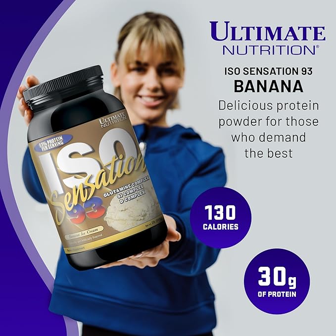 Ultimate Nutrition Whey Protein Isolate Powder with Glutamine Complex ISO Sensation 93 - Whey Protein Powder with Added Colostrum for Enhanced Recovery Immunity &amp Gut Health - Banana 2lbs