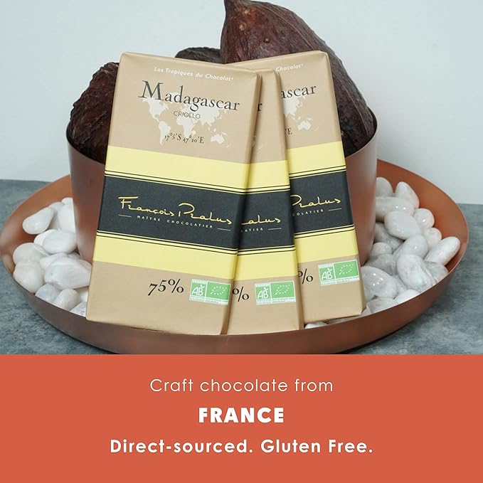 François Pralus Madagascar 75% Dark Chocolate 3 Pack - French Chocolate - Bean-to-Bar Direct Trade - Vegan Gluten-Free Soy-Free Organic - Bundle
