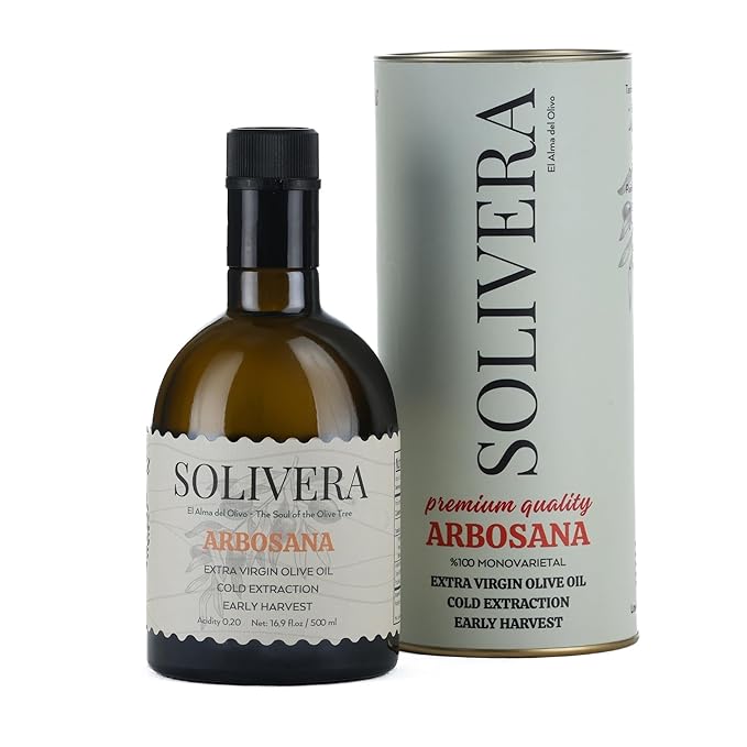 Solivera Arbosana Extra Virgin Olive Oil Cold Pressed 300+ High Polyphenols Smooth Creamy &amp Nutty Flavor Single-Origin Organic Olive Oil Hand Picked Gourmet Oil - 16.8 fl. oz. (Arbosana)