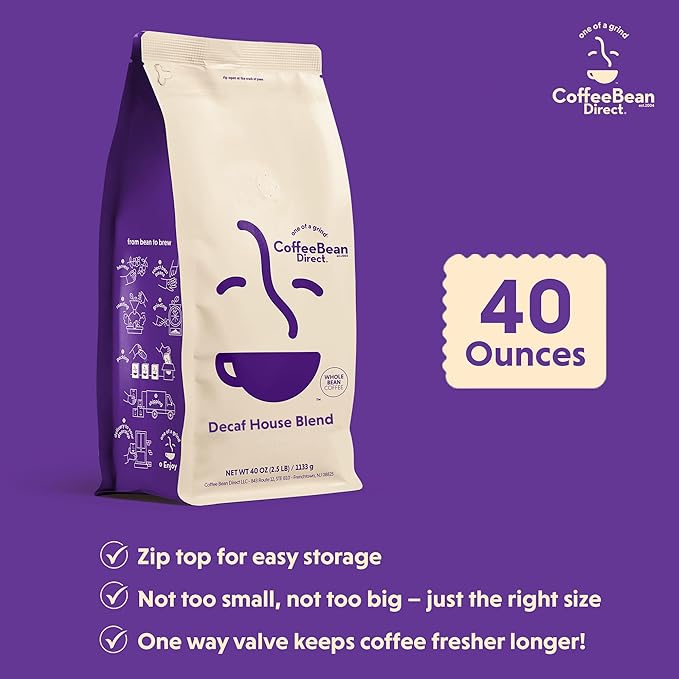 Coffee Bean Direct Decaf House Blend Whole Bean Coffee Mixed Roast Level 2.5 Pound Bag (Pack of 1)