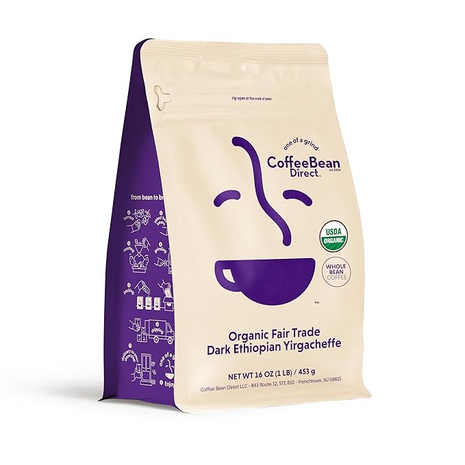 Coffee Bean Direct Organic Fair Trade Ethiopian Yirgacheffe Whole Bean Coffee Dark Roast 1 Pound Bag (Pack of 1)