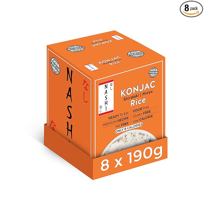 Nashi Shirataki Konjac Moyu Rice - Low Fat Glucomannan Premium Recipe Keto friendly Suitable for Vegan Odour Free low calorie food | Ready to Eat (8×190g)