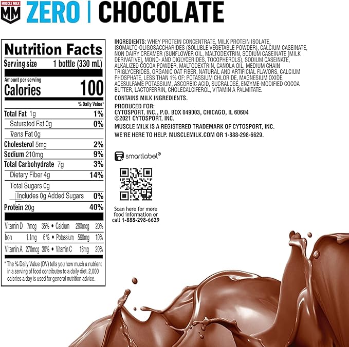 Muscle Milk Zero Protein Shake Chocolate 20g Protein Zero Sugar 100 Calories Calcium Vitamins A C &amp D 4g Fiber Energizing Snack Workout Recovery Packaging May Vary (12 Pack) and Quest N