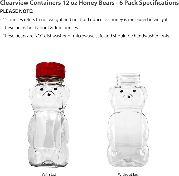12 Ounce Clear Plastic Squeezable Honey Bears with Sealable Flip Top Lids - BPA Free Hand Wash Only (Red 6 Pack)