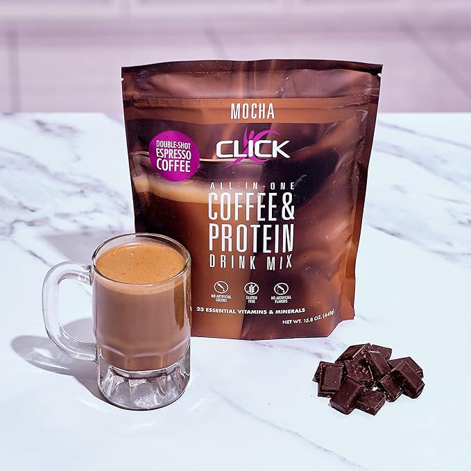 Click Coffee Protein Protein &amp Real Coffee All-in-One Meal Replacement Nutrition Drink Mocha Flavor 23 Essential Vitamins Double Shot Espresso Coffee Hot or Cold 15.8-Ounce