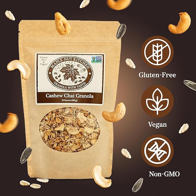 Maple Nut Kitchen Gluten Free Chai Granola with Cashews 3 Pack – Certified Gluten Free Oats Shredded Coconut Sunflower Seeds Maple Syrup – Healthy Low Sugar Breakfast Cereal Crunchy Natural Granol
