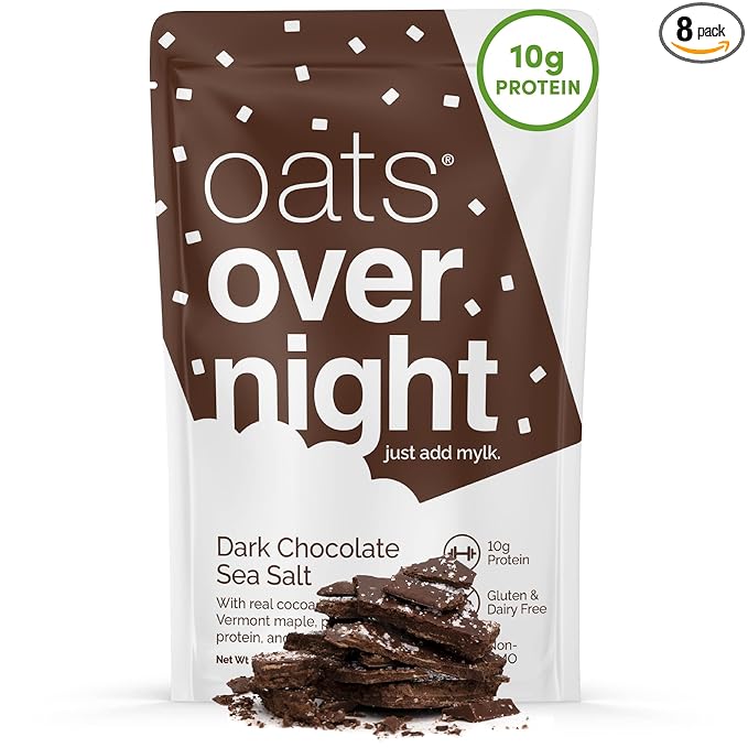 Oats Overnight - Dark Chocolate Sea Salt - Vegan 10g Protein High Fiber Breakfast Shake - Gluten Free Non GMO Oatmeal (2.2 oz per meal) (8 Pack)