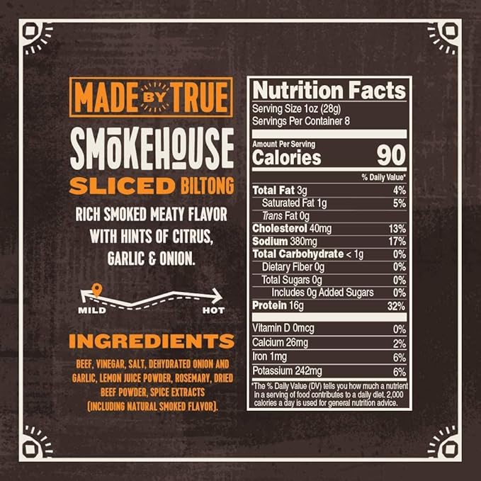 Made by True Beef Sliced Bites Smokehouse (8 Ounce Pack of 1) - All Natural Zero-Sugar True Jerky Biltong - High Protein Keto Paleo &amp Whole30 Diet - Sugar-Free Gluten-Free Carb-Free Snack P