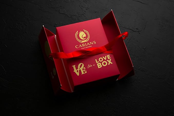 CARIANS Valentine's Day Belgian Chocolate Gift Box of Love Luxury Milk Chocolates with Strawberry and Hazelnut Cream Elegant Valentine’s Day Gift for Her and Great Present for Lovers 12 pc