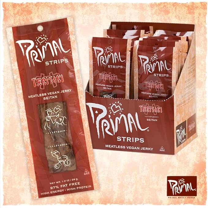 Primal Spirit Vegan Jerky – “Classic Flavor” – Teriyaki 10 g. Plant Based Protein Certified Non-GMO No Preservatives Sports Friendly Packaging (24 Pack 1 oz)