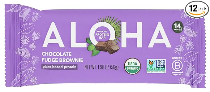 Aloha Chocolate Fudge Brownie Protein Bar Plant Based Non GMO 1.98 Ounces (Pack Of 12)