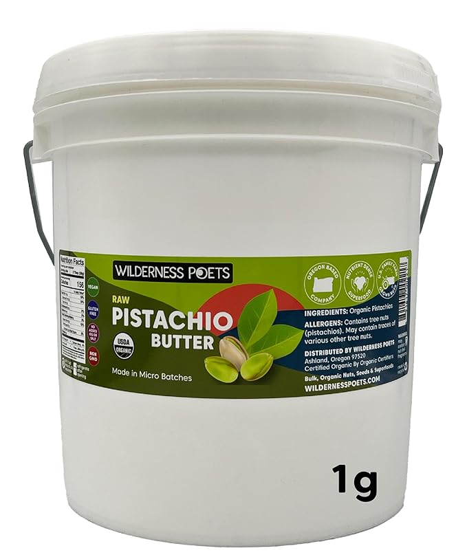 Wilderness Poets Pistachio Butter - Organic Raw 100% Pistachio (7 Pound - 1 Gallon) - Perfect for Dubai Chocolate Bar Desserts with Kataifi or Savory Creations - Unsweetened California-Grown
