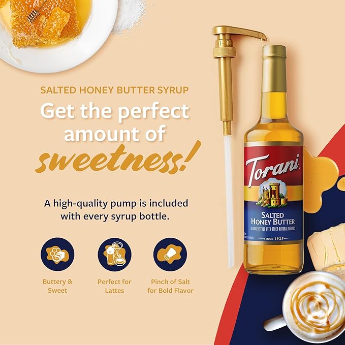 Torani Coffee Syrup Salted Honey Butter Flavoring for Drinks and Desserts Glass Bottle 4-Pack Pumps Included 25.4 Fl Oz Ea