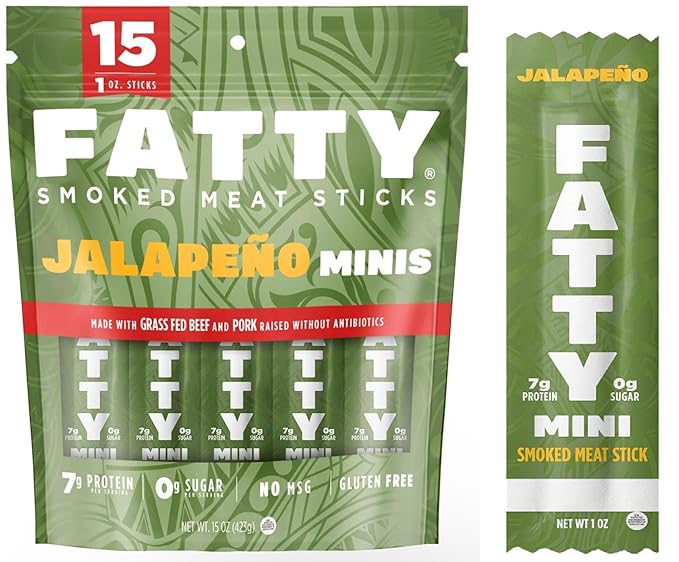 (Total 15 Jalapeno Minis Sticks) Fatty Smoked Meat Sticks Jalapeno Minis Flavor Made with Grass Fed Beef and Pork Raised Without Antobiotics1 Ounce/Stick