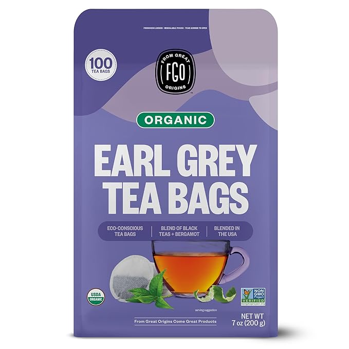 FGO Organic Earl Grey Black Tea 100 Count Eco-Conscious Tea Bags Resealable Bag Packaging May Vary (Pack of 1)