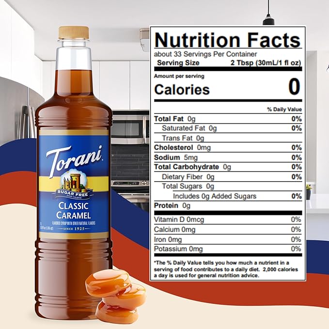 Torani Sugar-Free Classic Caramel Syrup 1 Liter Bottle with Pump Dispenser – Zero Calorie Coffee Flavoring with Rich Caramelized Brown Sugar Taste – Keto &amp Diabetic Friendly Sweetener for Lattes a