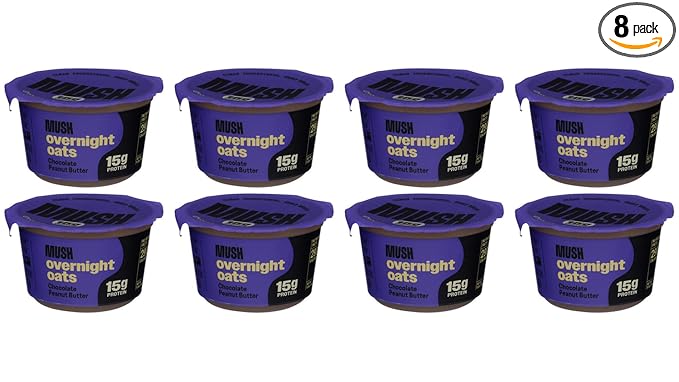 Mush Overnight Oats - Peanut Butter Chocolate - 15g Protein Good Source of Fiber Non-GMO Dairy Free Gluten Free 5oz - 8 Pack