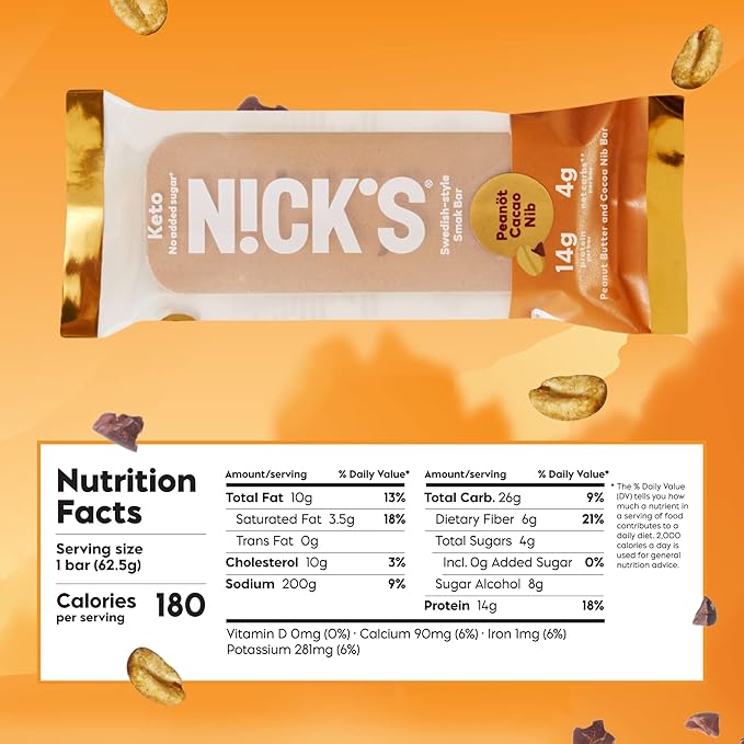 Nick's Smak Bar Protein Bar Peanut Cacao Nib Eat Cold No Added Sugar Protein Keto Snack 14g Protein 6g net carbs 8 Count