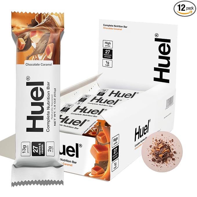 Huel Complete Nutrition Vegan Protein Bars | Chocolate Caramel | 13g Protein | 27 Vitamins &amp Minerals 2g Sugar Non-GMO 100% Plant Based Snack | 12 Pack