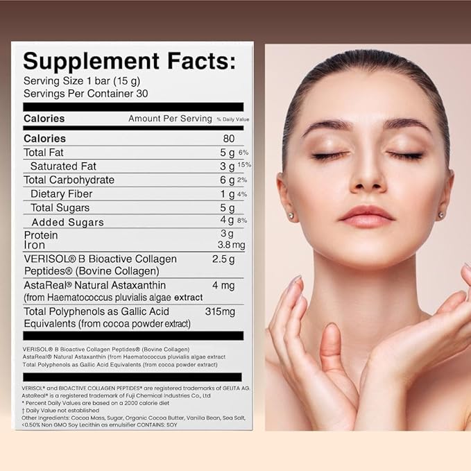 Cacao Bella®️ Clinically Proven Collagen Supplement Dark Chocolate Bars 2500 mg VERISOL® Bioactive Peptides 4 mg AstaReal® Astaxanthin &amp Cocoa Flavanols Supports Skin Elasticity Hair &amp Na