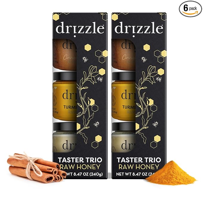 Drizzle Honey Taster Trio - All Natural Pure Raw Honey Unfiltered White Cinnamon Spiced &amp Turmeric Gold Mini Jars Use in Tea &amp Coffee Sugar Substitute Certified Kosher - Pack of 6