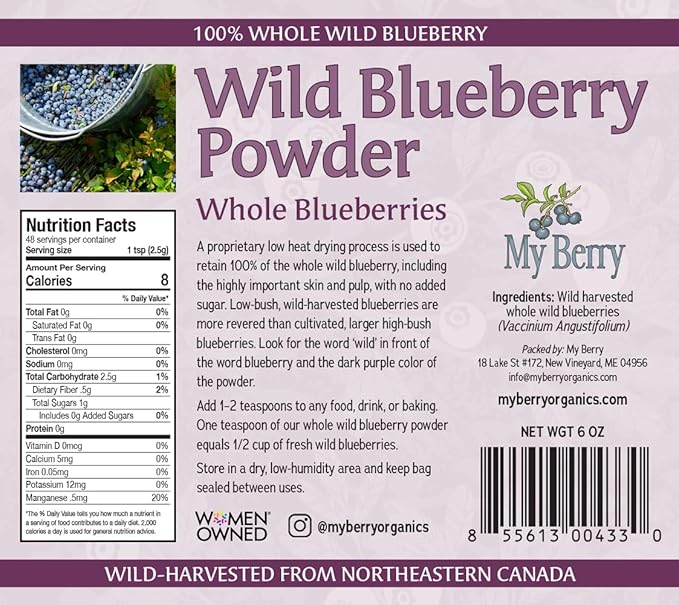 My Berry Wild Blueberry Powder 6oz | 100% Whole Wild-Harvested Blueberries | Unsweetened No Added Sugar or Fillers | Low-Heat Dried | Grown in North America