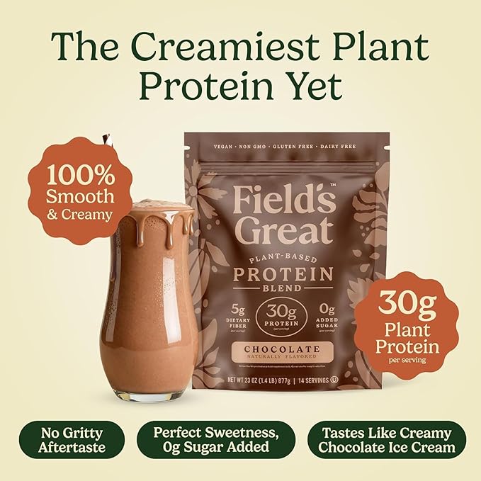 Field's Great Plant-Based Protein with Fiber for Muscle Maintenance Vegan Protein Powder Whey Free Gluten Free Dairy Free - 30g of Protein and 5g Fiber in Each Serving (Chocolate- 4 Pack)