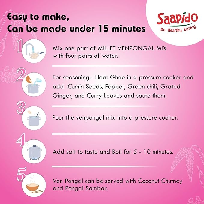 SAAPIDO Kodo Millet Pongal Mix | Ready to Cook Instant South Indian Breakfast | Healthy Instant Mix for Traditional Taste | (100% Natural Low GI Gluten Free &amp Diabetics Friendly Food) (0.55 lb)