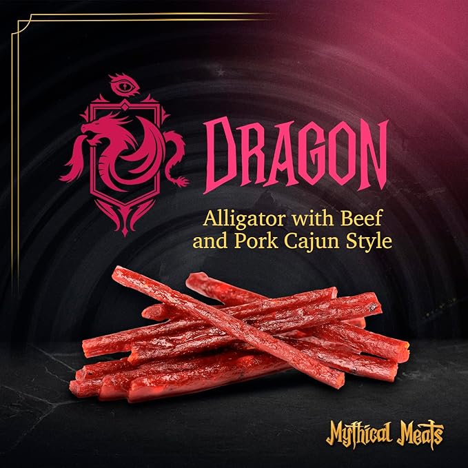Mythical Meats Original Flavor (Dragon) 12-Pack Snack Sticks – Alligator with Beef and Pork Cajun Style – Dried &amp Dehydrated Meats Seasoned to Perfection – High Protein Snacks