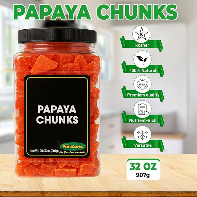Papaya Chunks – Jar – Dried Fruit for Snacking and Baking 2 lb