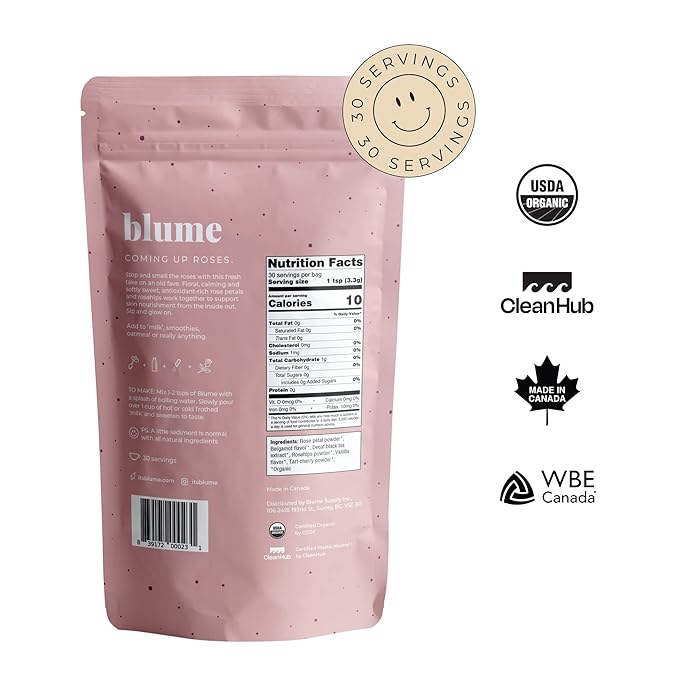 Blume Organic Rose London Fog Earl Grey Tea | Decaf Black Tea Rose Petal Powder Vanilla Tart Cherry and Bergamot | Plant Based Superfood Latte | Vegan Gluten Free Drink | 25 Servings