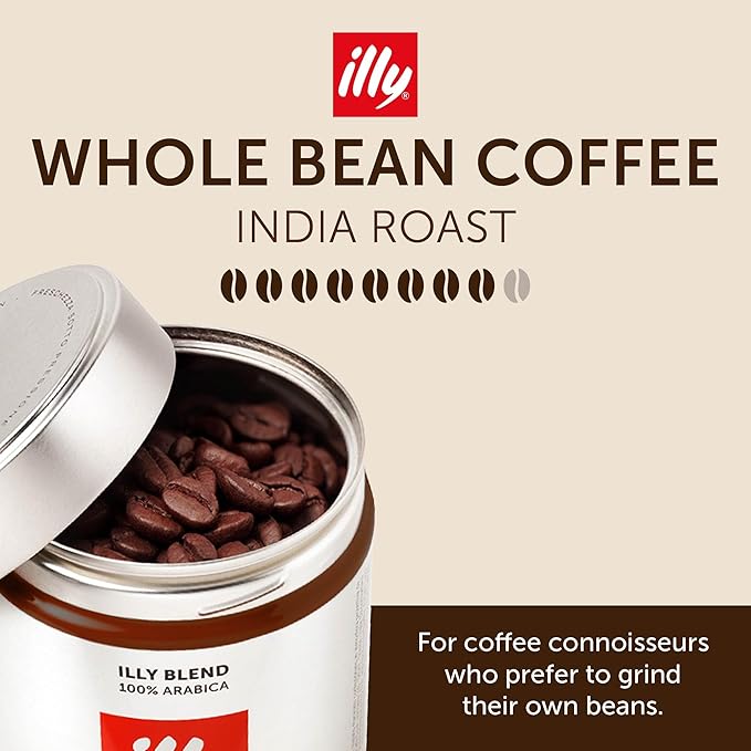 illy Whole Bean Coffee India Single Origin Dark Roast 100% Arabica Premium Italian Coffee Ideal for Espresso Drip Moka and French Press Brewing 8.8oz 6 Pack