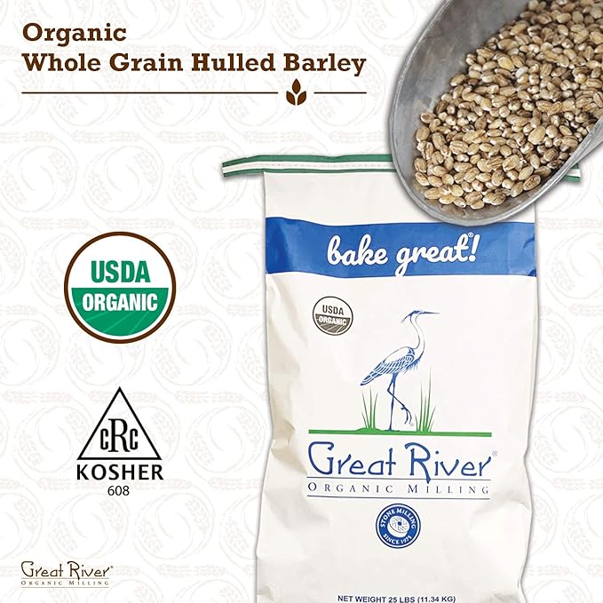 Great River Milling Organic Hulled Barley Grain | Whole Grain Barley for Home Milling Cooking and Baking | High Fiber Non GMO Kosher | 25 Lb