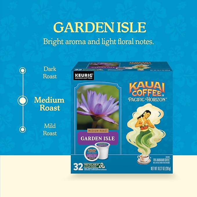 Kauai Coffee K-Cup Pods for Keurig Brewers – Arabica Coffee 10% Hawaiian – Medium Roast Bright Aroma With Light Floral Notes – Garden Isle 1 Pack of 32 Single Serve K-Cups
