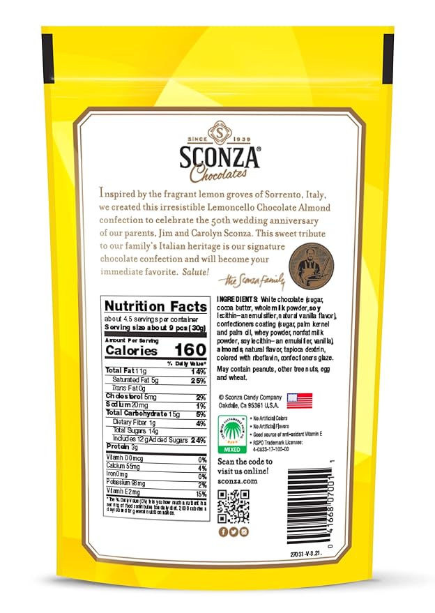 Sconza Lemoncello Lemon Cream &amp White Chocolate Almonds | Inspired by Italy's Lemon Groves | Made in the USA | Pack of 3 (5 Ounce Each)