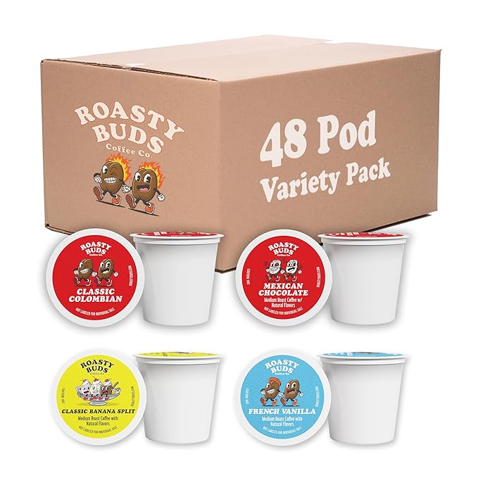 Roasty Buds Coffee Variety Pack Pods 48 Count | Including Mexican Chocolate French Vanilla Classic Colombian and Banana Split | Single-Serve 11g Per Pod | Recyclable Gluten-Free Non-GMO No Sugar
