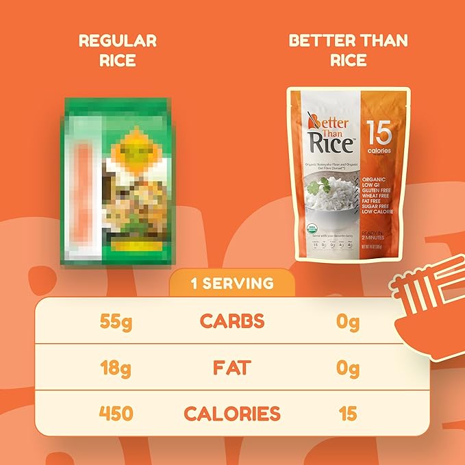 Better Than Pasta Organic Shirataki Rice – USDA Organic Zero Net Carbs Keto &amp Diabetic Friendly Gluten-Free Wheat-Free Low-Calorie Plant-Based Non-GMO No Odor Ready-to-Eat Konjac Noodles
