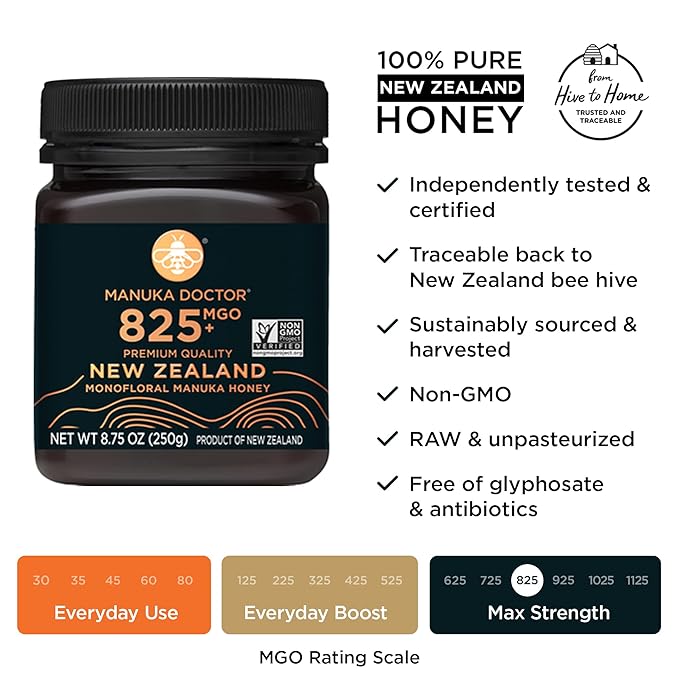 MANUKA DOCTOR - MGO 182+ SQUEEZY and MGO 825+ Manuka Honey Monofloral Value Bundle 100% Pure New Zealand Honey. Certified. Guaranteed. RAW. Non-GMO