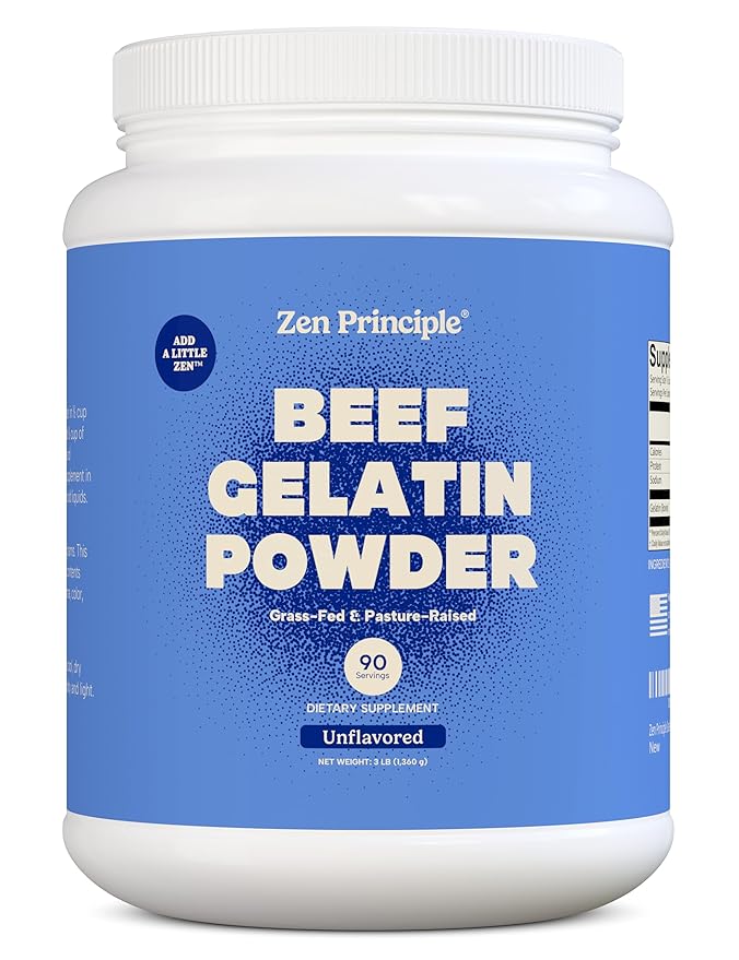 Zen Principle Grass-Fed Gelatin Powder 5 lb. Custom Anti-Aging Protein for Healthy Hair Skin Joints &amp Nails. Paleo and Keto Friendly. Cooking and Baking. GMO-Free and Gluten-Free. Unflavored.