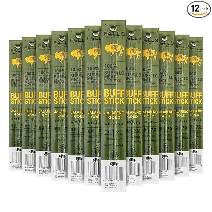Grass-Fed Buffalo Meat Snack Sticks Jalapeno Gold Spicy by Falls Family Ranches 12 Pack 1.15oz Stick Carton 9g Protein 1g Sugar 70 Calories