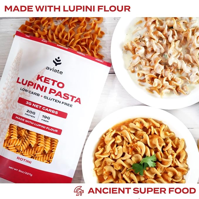 Aviate Keto Pasta Rotini - Low Carb (3g Net) Lupini Noodles High Protein (20g) Gluten-Free Made with Lupin Flour Plant Based Vegan Keto-friendly Low Carb - Rotini (8oz) (Pack of 3)