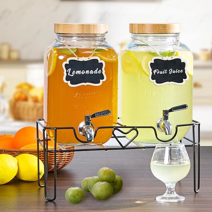 2 Pack1Gallon Glass Drink Dispenser with Stand&ampBamboo Lids&ampFruit Infuser304 Stainless Steel Leak-Proof SpigotBeverage Dispenser for PartiesWater Sangria Juice Sun Tea Lemonade(Natural)