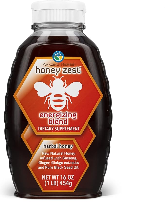 Amazing Herbs Raw Natural Honey - Herbal Honey Infused with Ginseng Ginger Ginkgo Extracts &amp Pure Black Seed Oil Non GMO Gluten Free Immune Booster - Honeyzest Energizing Blend 16 Fl Oz