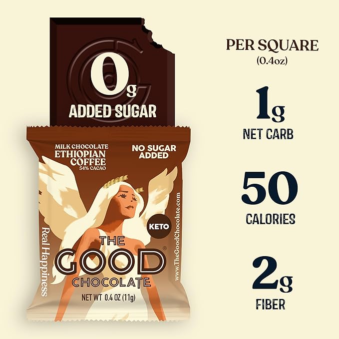 The Good Chocolate - Keto Milk Chocolate Coffee Style Squares 80% Less Sugar Lower Net Carb Snack Lower Calorie Creamy Chocolate Candy 24 Square Family Pack