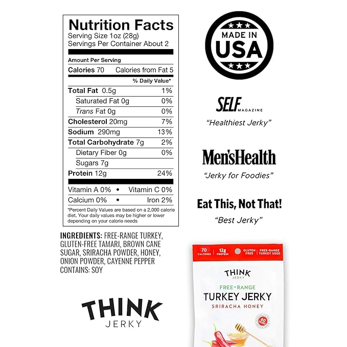 Think Jerky Sriracha Honey Turkey Jerky High Protein Free-Range Turkey Gluten Free No Antibiotics or Nitrates Healthy Chef Crafted Recipe Low Calorie and Low Fat - 2.2 oz Bags 8 Pack