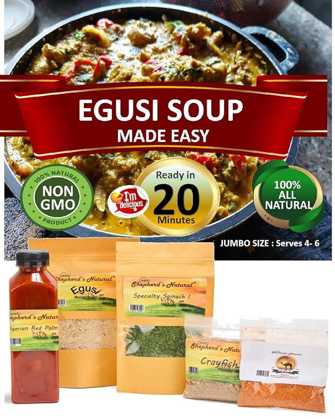 EGUSI SOUP MADE EASY – Get the rich traditional taste of Nigeria in minutes! This full 1.75LB jumbo kit by HATF'S SHEPHERD'S NATURAL serves 4–6 and cooks in just 20 minutes. Perfect for easy meals!