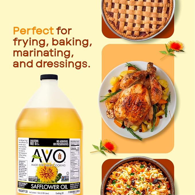 AVO High Oleic Safflower Oil Bulk 1 Gallon NON-GMO Naturally Processed High Smoke Point 510°F